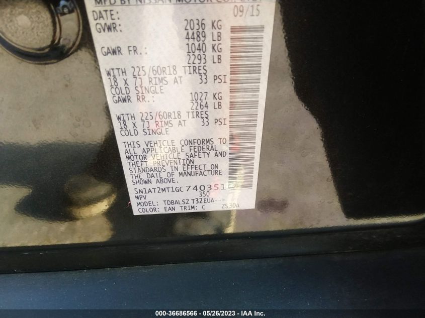 2016 NISSAN ROGUE SL - 5N1AT2MT1GC740351