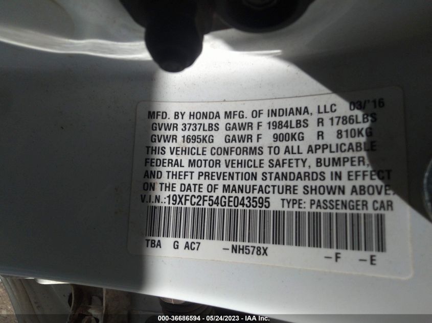 2016 HONDA CIVIC SEDAN LX 19XFC2F54GE043595