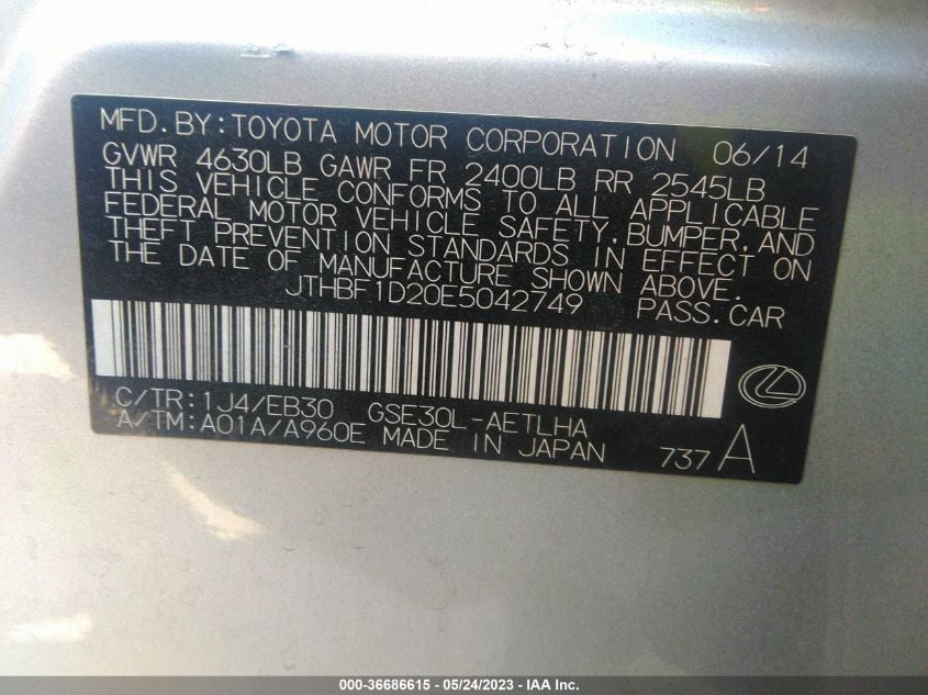 2014 LEXUS IS 250 - JTHBF1D20E5042749