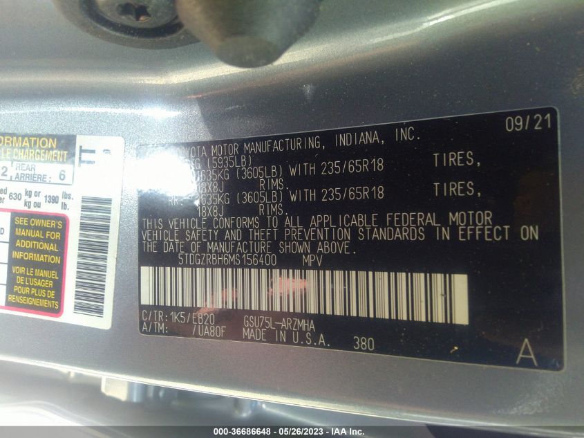 2021 TOYOTA HIGHLANDER XLE - 5TDGZRBH6MS156400
