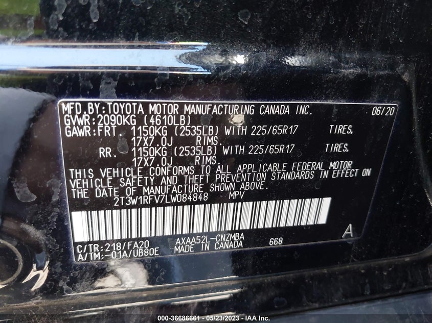VIN 2T3W1RFV7LW084848 2020 TOYOTA RAV4 XLE