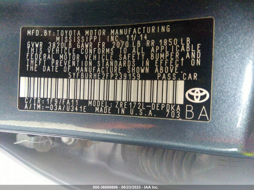 2015 TOYOTA COROLLA L/LE/S/S PLUS/LE PLUS - 5YFBURHE2FP239159