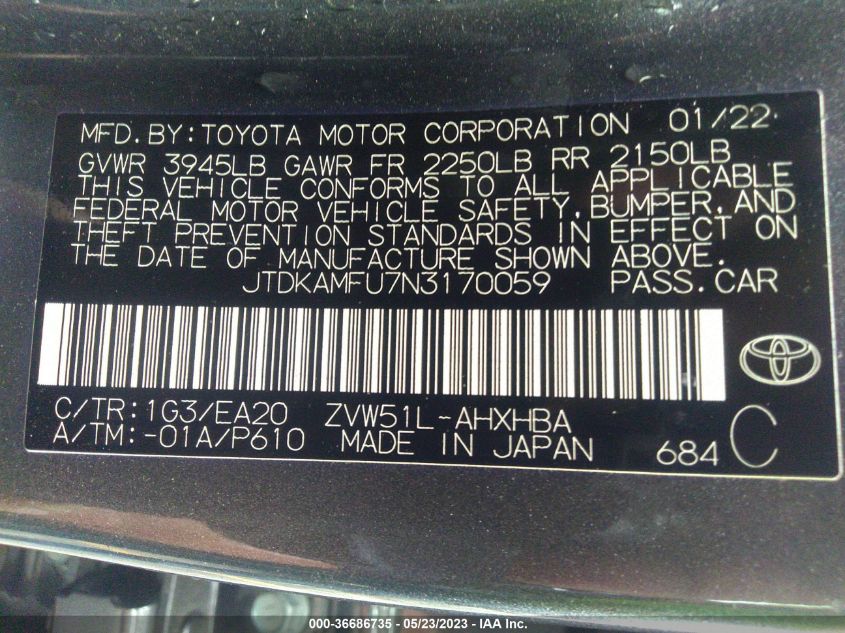 2022 TOYOTA PRIUS L - JTDKAMFU7N3170059
