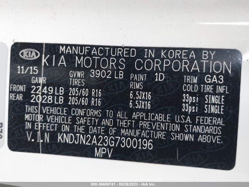 2016 KIA SOUL BASE - KNDJN2A23G7300196