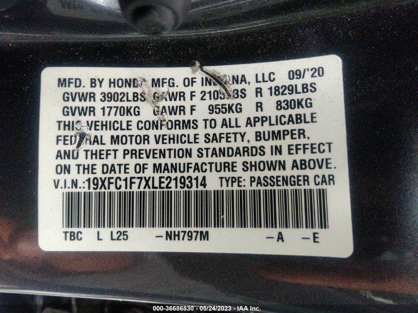 2020 HONDA CIVIC SEDAN EX-L - 19XFC1F7XLE219314