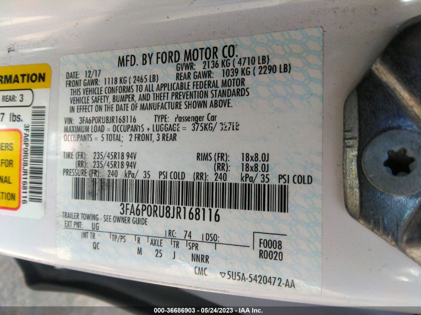 2018 FORD FUSION HYBRID TITANIUM/PLATINUM - 3FA6P0RU8JR168116