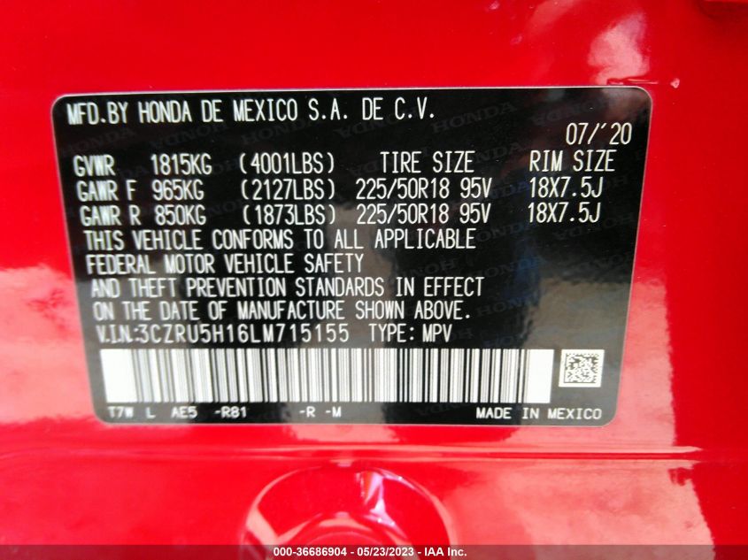 2020 HONDA HR-V SPORT - 3CZRU5H16LM715155