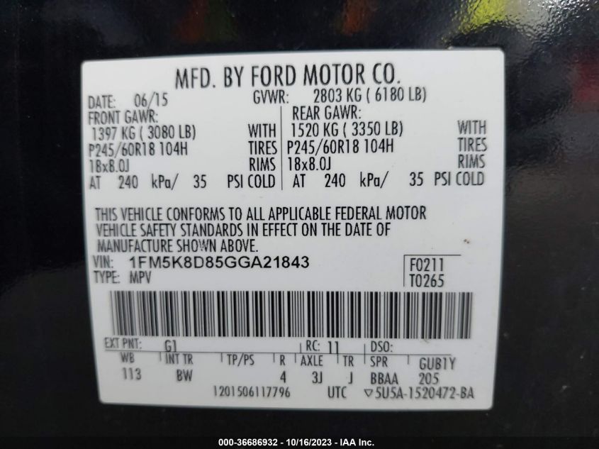 2016 FORD EXPLORER XLT - 1FM5K8D85GGA21843