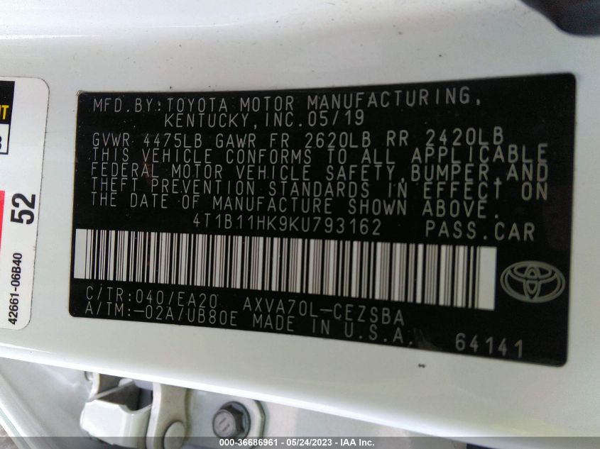 2019 TOYOTA CAMRY LE/SE/XLE/L - 4T1B11HK9KU793162
