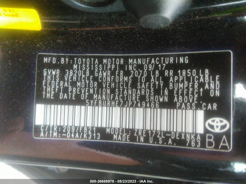 2018 TOYOTA COROLLA L/LE/XLE/SE/XSE - 5YFBURHE7JP749466