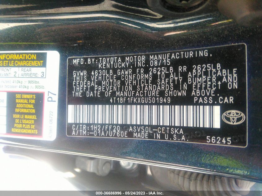 2016 TOYOTA CAMRY XLE/SE/LE/XSE - 4T1BF1FKXGU501949