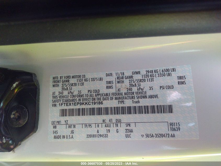2019 FORD F-150 XL/XLT/LARIAT - 1FTEX1EP9KKC19186