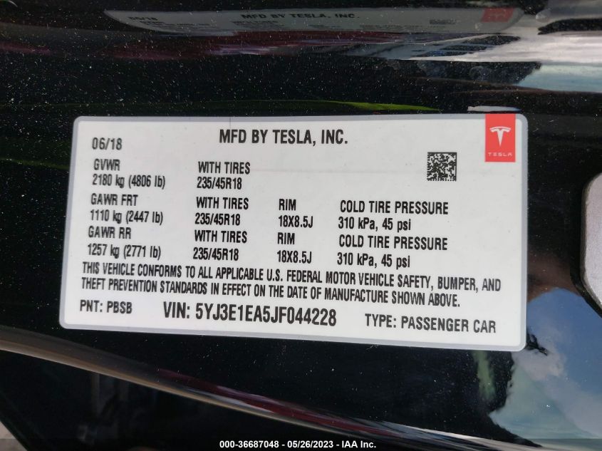 2018 TESLA MODEL 3 RANGE BATTERY - 5YJ3E1EA5JF044228
