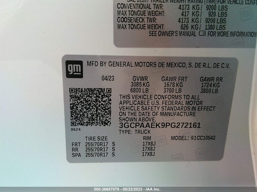 2023 CHEVROLET SILVERADO 1500 WORK TRUCK - 3GCPAAEK9PG272161