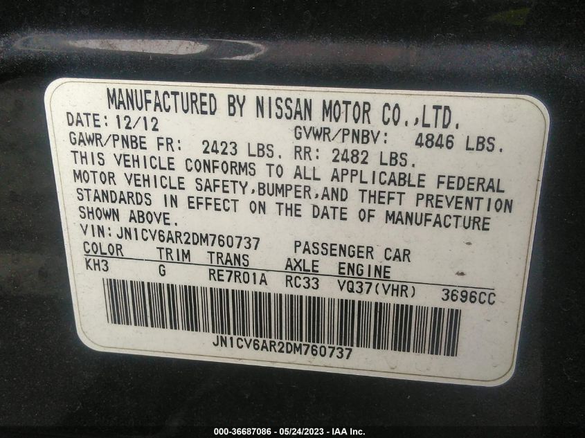 2013 INFINITI G37 SEDAN X - JN1CV6AR2DM760737