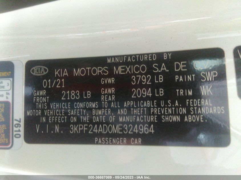 2021 KIA FORTE LXS - 3KPF24AD0ME324964