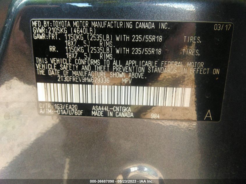 2017 TOYOTA RAV4 LIMITED - 2T3DFREV9HW629336