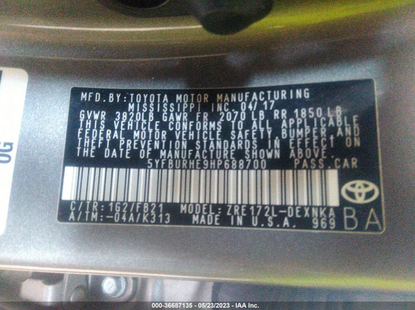 2017 TOYOTA COROLLA L/LE/XLE/SE - 5YFBURHE9HP688700