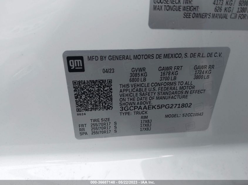 2023 CHEVROLET SILVERADO 1500 WORK TRUCK - 3GCPAAEK5PG271802