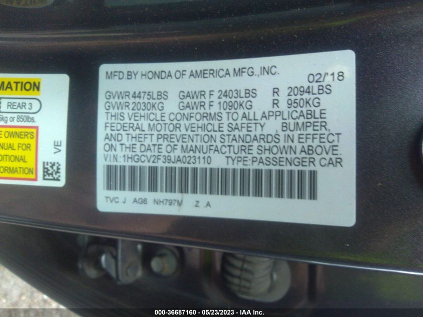 2018 HONDA ACCORD SEDAN SPORT 2.0T - 1HGCV2F39JA023110