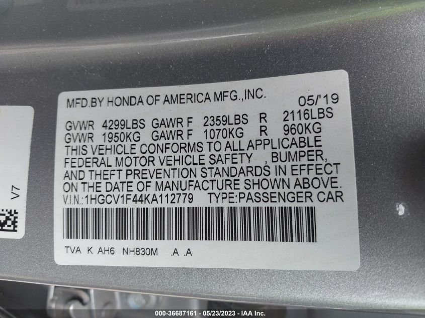 2019 HONDA ACCORD SEDAN EX 1.5T - 1HGCV1F44KA112779