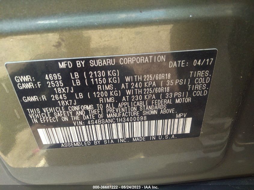 2017 SUBARU OUTBACK LIMITED - 4S4BSANC1H3400098