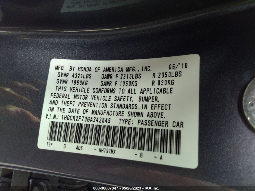 2016 HONDA ACCORD SEDAN EX - 1HGCR2F70GA242649