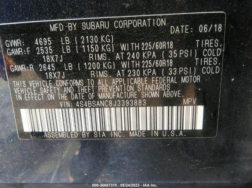 2018 SUBARU OUTBACK LIMITED - 4S4BSANC8J3393883