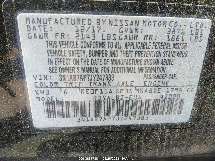 VIN 3N1AB7AP7JY247383 2018 NISSAN SENTRA S