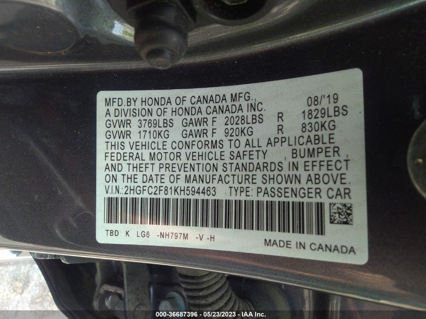 2019 HONDA CIVIC SEDAN SPORT - 2HGFC2F81KH594463