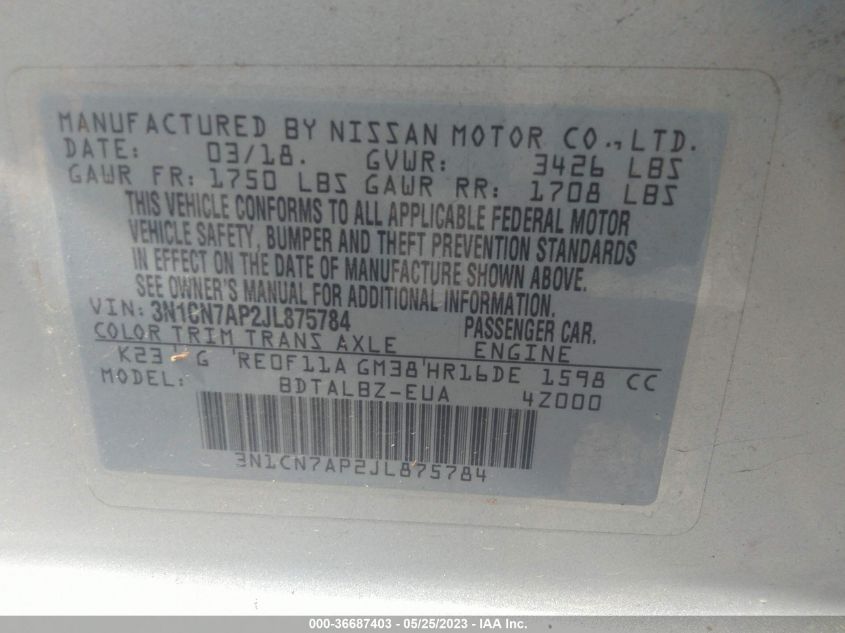 2018 NISSAN VERSA SEDAN SV - 3N1CN7AP2JL875784