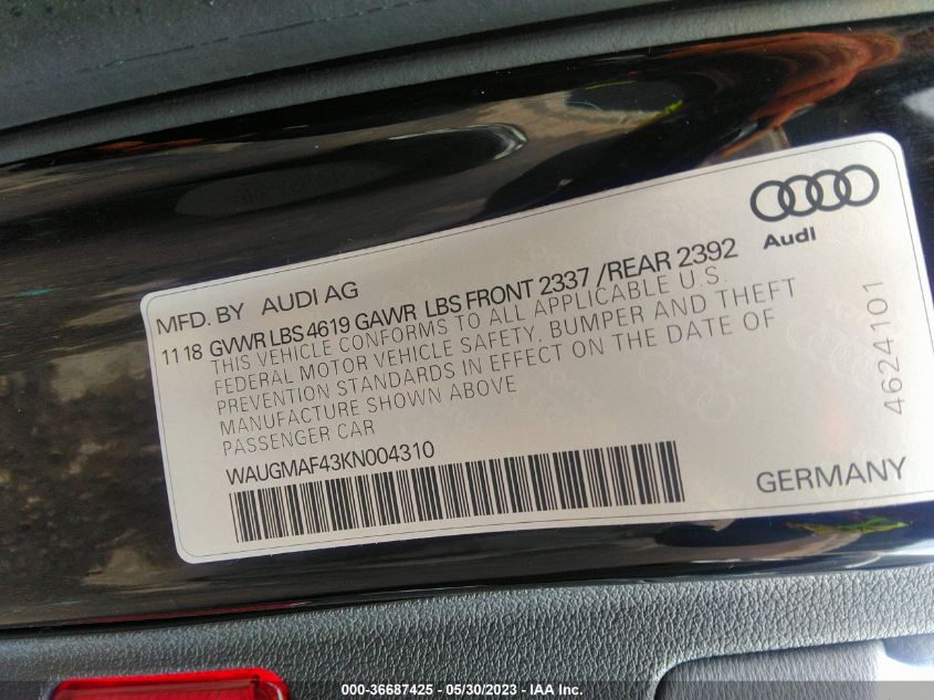 2019 AUDI A4 PREMIUM/TITANIUM PREMIUM - WAUGMAF43KN004310