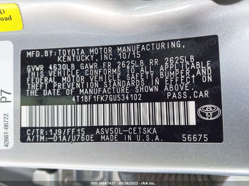 2016 TOYOTA CAMRY XLE/SE/LE/XSE - 4T1BF1FK7GU534102