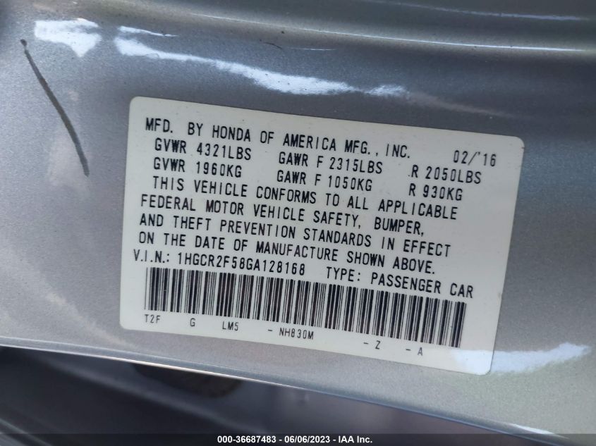 2016 HONDA ACCORD SEDAN SPORT - 1HGCR2F58GA128168