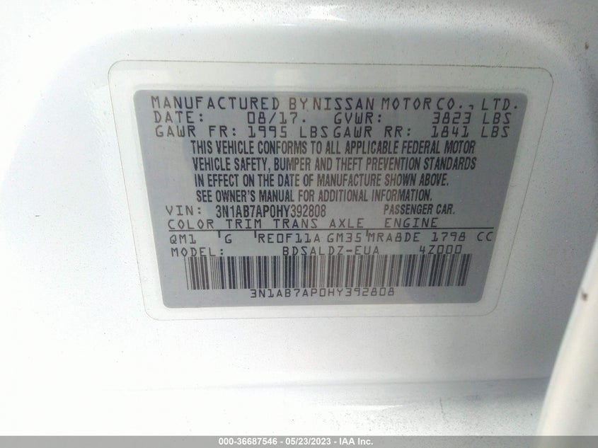VIN 3N1AB7AP0HY392808 2017 NISSAN SENTRA SV