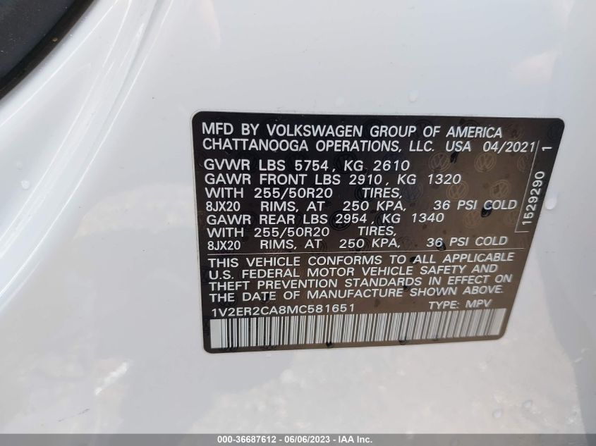 2021 VOLKSWAGEN ATLAS 3.6L V6 SEL - 1V2ER2CA8MC581651