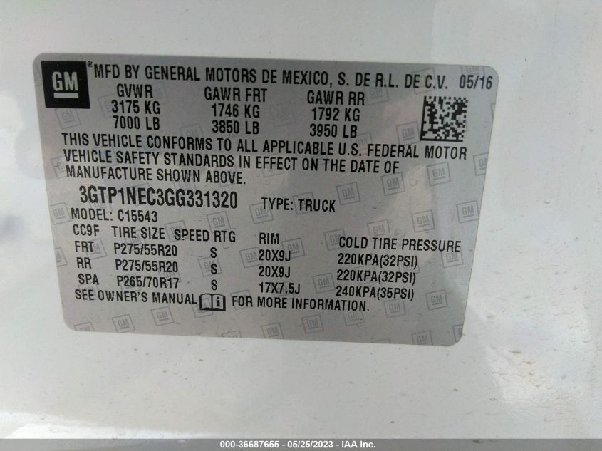 2016 GMC SIERRA 1500 SLT - 3GTP1NEC3GG331320