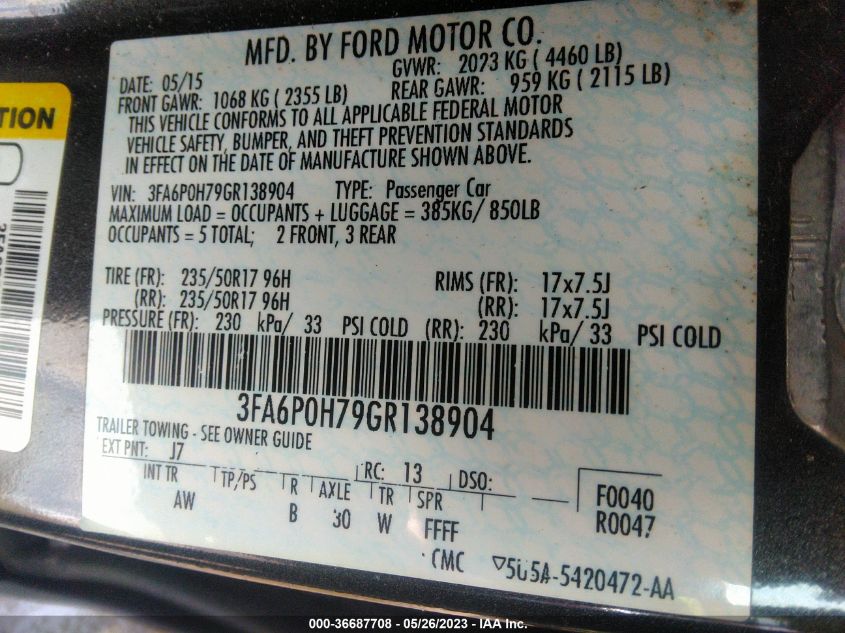 2016 FORD FUSION SE - 3FA6P0H79GR138904