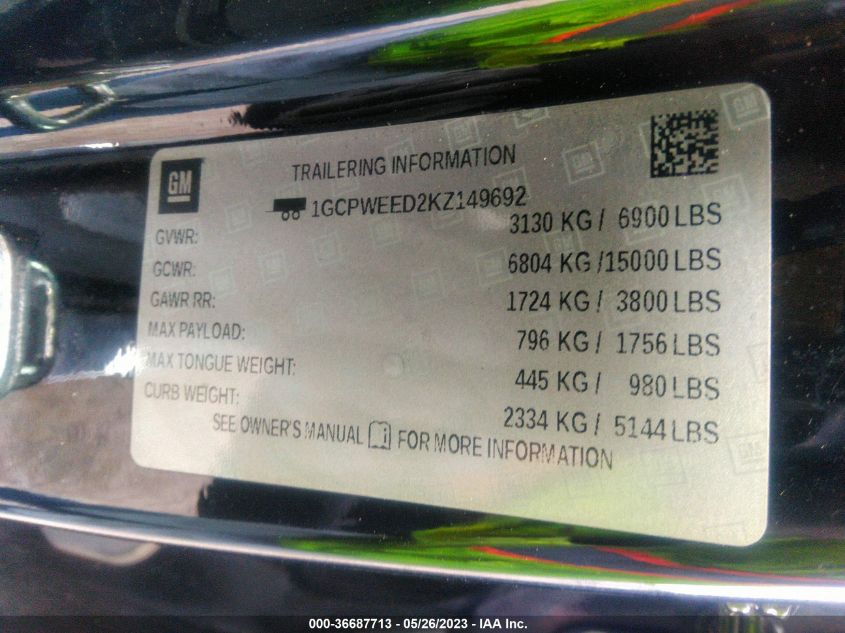 2019 CHEVROLET SILVERADO 1500 LTZ - 1GCPWEED2KZ149692