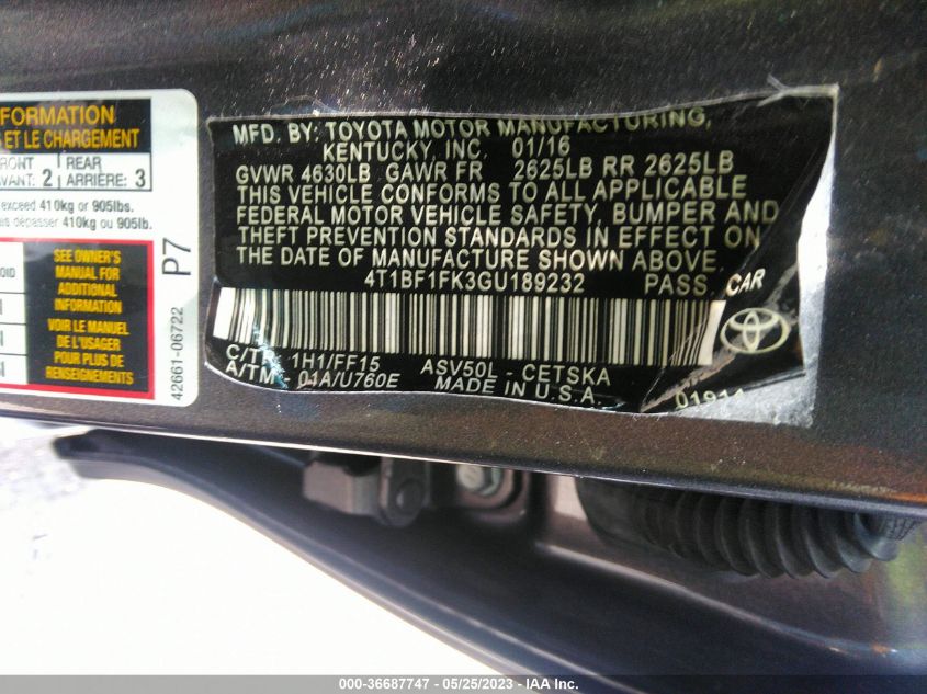 2016 TOYOTA CAMRY XLE/SE/LE/XSE - 4T1BF1FK3GU189232