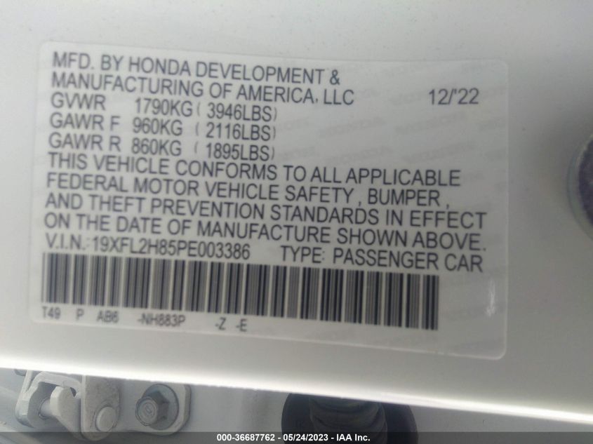 2023 HONDA CIVIC HATCHBACK SPORT - 19XFL2H85PE003386