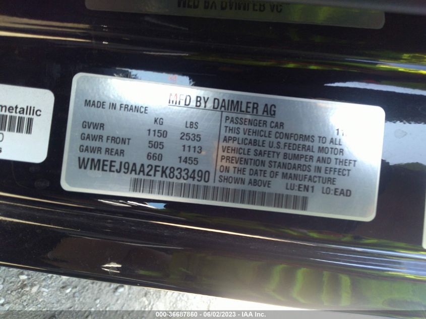 2015 SMART FORTWO ELECTRIC DRIVE PASSION - WMEEJ9AA2FK833490
