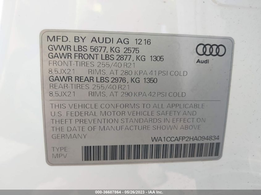 2017 AUDI SQ5 PREMIUM PLUS - WA1CCAFP2HA094834