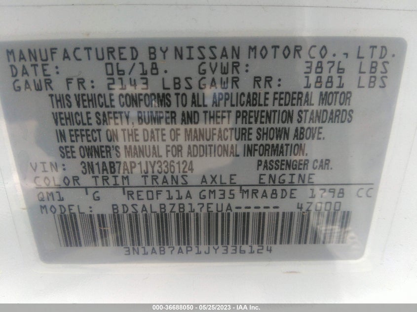 VIN 3N1AB7AP1JY336124 2018 NISSAN SENTRA S