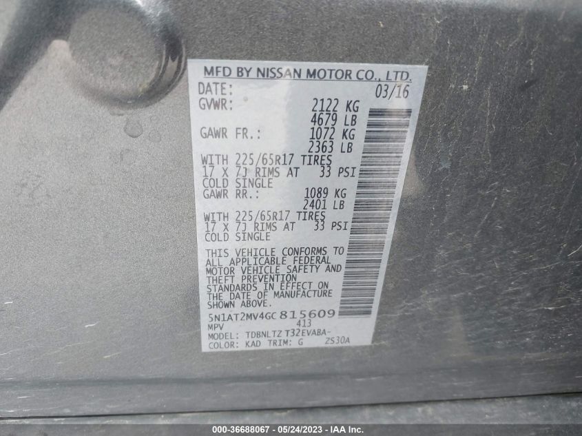 2016 NISSAN ROGUE SV - 5N1AT2MV4GC815609
