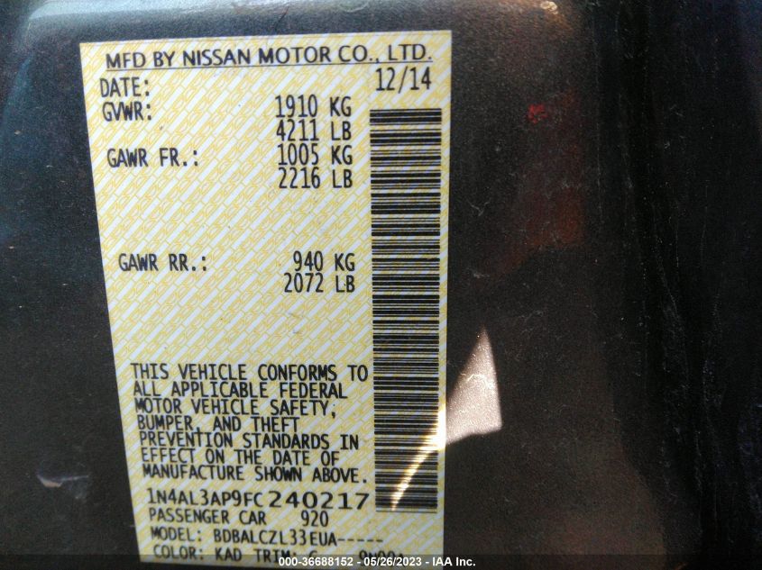 2015 NISSAN ALTIMA 2.5 - 1N4AL3AP9FC240217