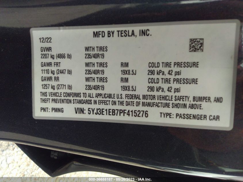2023 TESLA MODEL 3 LONG RANGE - 5YJ3E1EB7PF415276