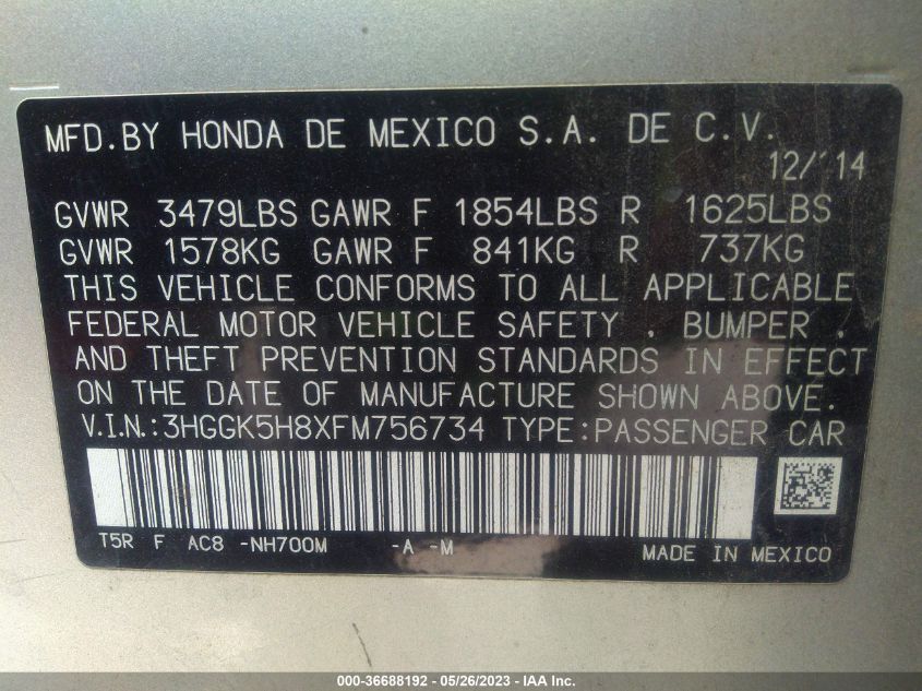 2015 HONDA FIT EX-L/EX - 3HGGK5H8XFM756734