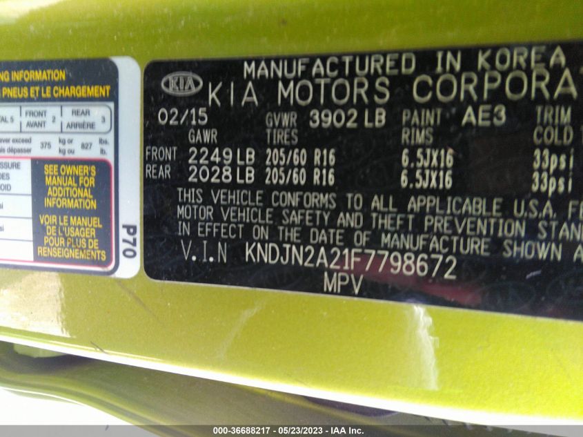 2015 KIA SOUL BASE - KNDJN2A21F7798672