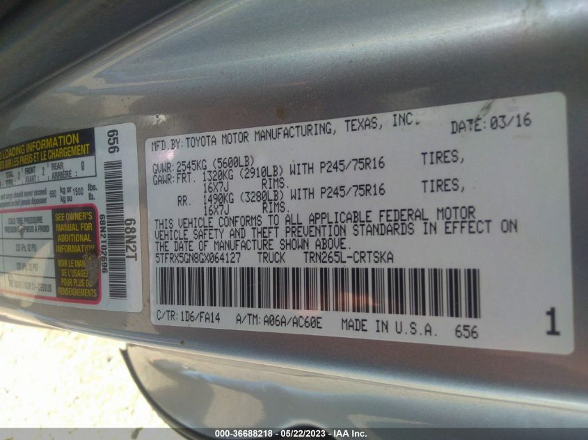 2016 TOYOTA TACOMA SR/SR5 - 5TFRX5GN8GX064127